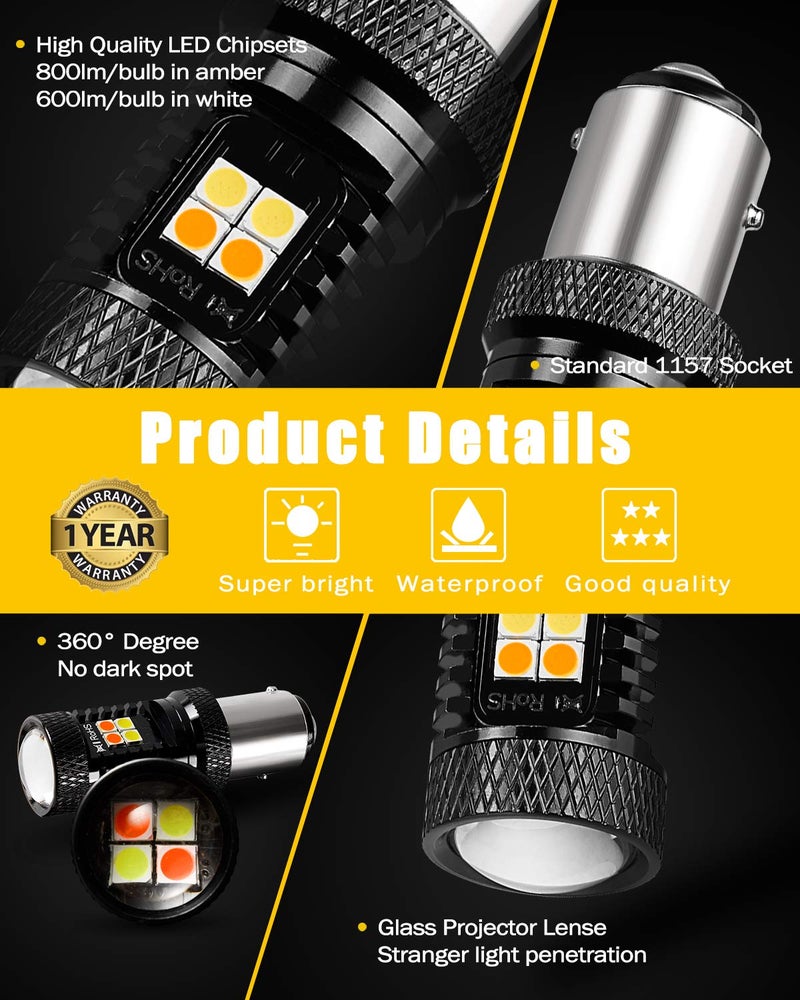 BRISHINE 1157 Switchback LED Bulbs Extremely Bright 3030 Chipsets Xenon White/Amber Yellow 2057 2357 7528 BAY15D LED Light Bulbs with Projector for Turn Signal Lights(Pack of 2) - Image 3